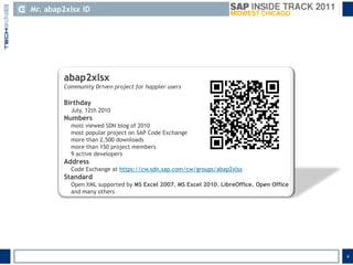 4,[object Object],Mr. abap2xlsx ID,[object Object],abap2xlsx,[object Object],Community Driven project for happier users,[object Object],Birthday,[object Object],July, 12th 2010 ,[object Object],Numbers,[object Object],most viewed SDN blog of 2010,[object Object],most popular project on SAP Code Exchange,[object Object],more than 2,500 downloads,[object Object],more than 150 project members,[object Object],9 active developers,[object Object],Address,[object Object],Code Exchange at https://cw.sdn.sap.com/cw/groups/abap2xlsx,[object Object],Standard,[object Object],Open XML supported by MS Excel 2007, MS Excel 2010, LibreOffice, Open Office and many others,[object Object]