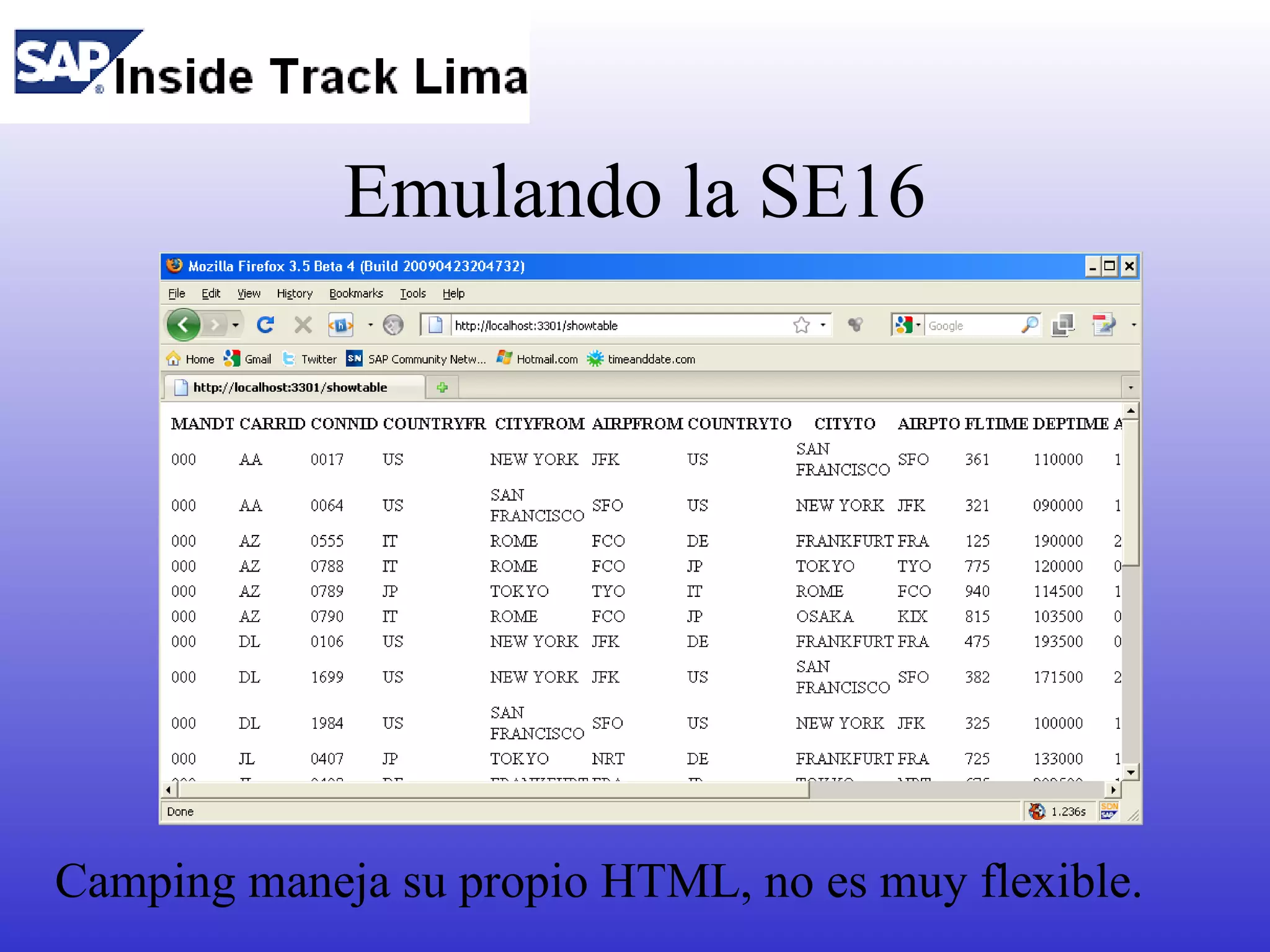 Emulando la SE16




Camping maneja su propio HTML, no es muy flexible.
 