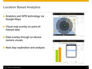 Location Based Analytics

   Analytics and GPS technology via
    Google Maps

   Visual map overlay on point-of-
    interest data

   Data overlay through on-device
    camera visuals

   Next step exploration and analysis




© 2011 SAP AG. All rights reserved.      29
 