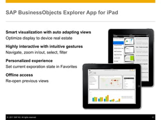 SAP BusinessObjects Explorer App for iPad


Smart visualization with auto adapting views
Optimize display to device real estate

Highly interactive with intuitive gestures
Navigate, zoom in/out, select, filter

Personalized experience
Set current exporation state in Favorites

Offline access
Re-open previous views




© 2011 SAP AG. All rights reserved.            31
 