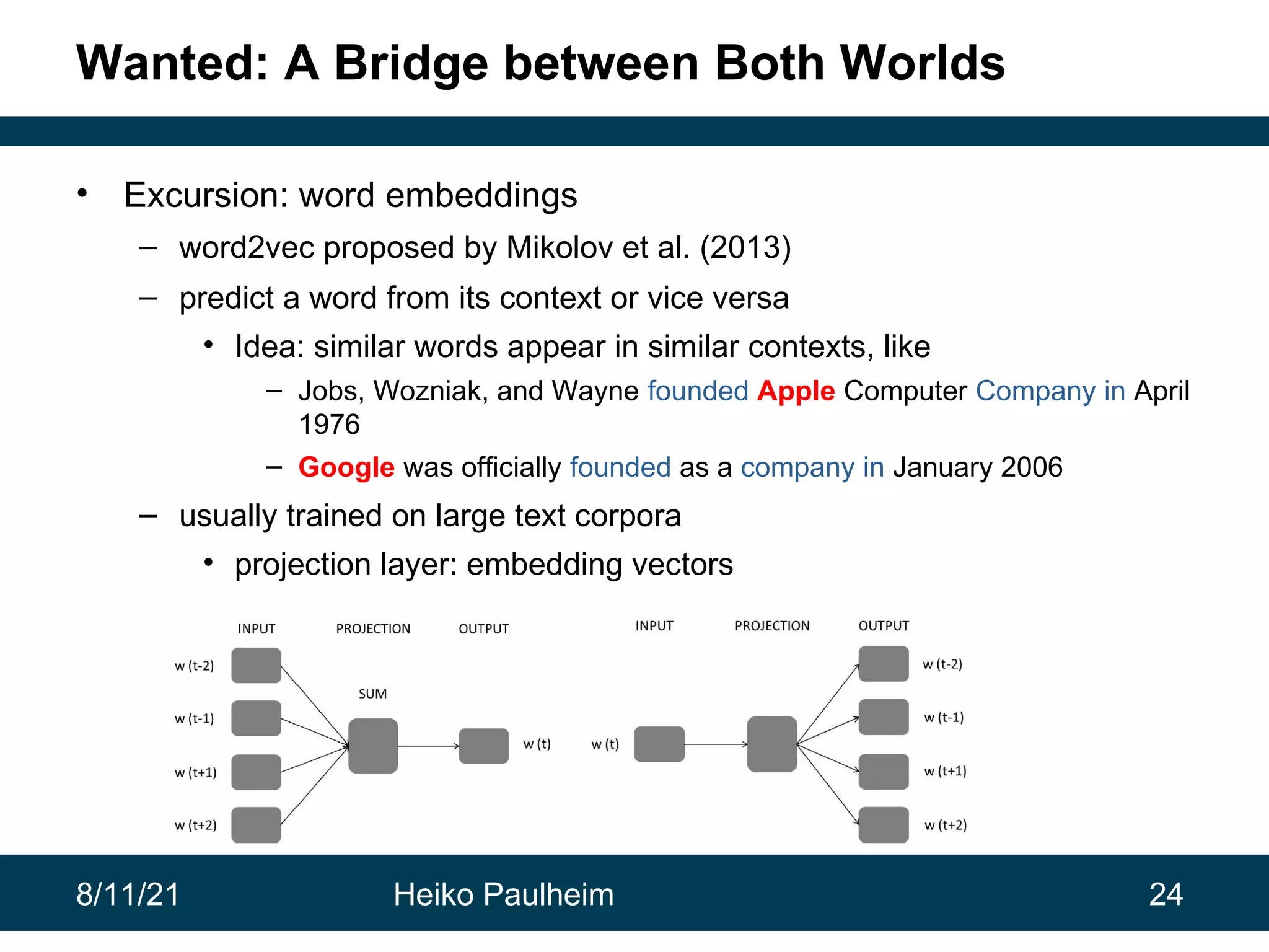 8/11/21 Heiko Paulheim 24 Wanted: A Bridge between Both Worlds • Excursion: word embeddings – word2vec proposed by Mikolov et al. (2013) – predict a word from its context or vice versa • Idea: similar words appear in similar contexts, like – Jobs, Wozniak, and Wayne founded Apple Computer Company in April 1976 – Google was officially founded as a company in January 2006 – usually trained on large text corpora • projection layer: embedding vectors 