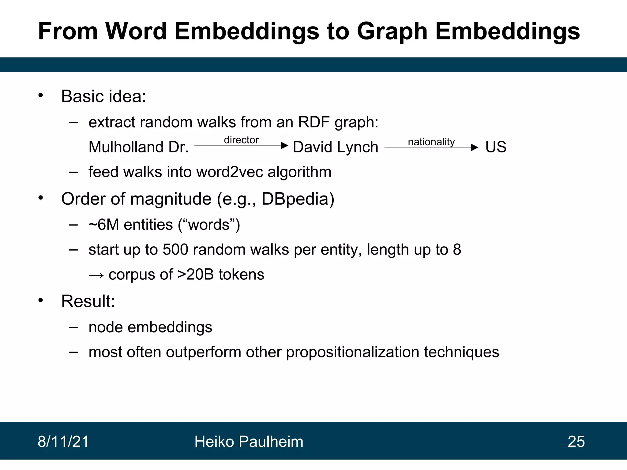 8/11/21 Heiko Paulheim 25 From Word Embeddings to Graph Embeddings • Basic idea: – extract random walks from an RDF graph: Mulholland Dr. David Lynch US – feed walks into word2vec algorithm • Order of magnitude (e.g., DBpedia) – ~6M entities (“words”) – start up to 500 random walks per entity, length up to 8 → corpus of >20B tokens • Result: – node embeddings – most often outperform other propositionalization techniques director nationality 