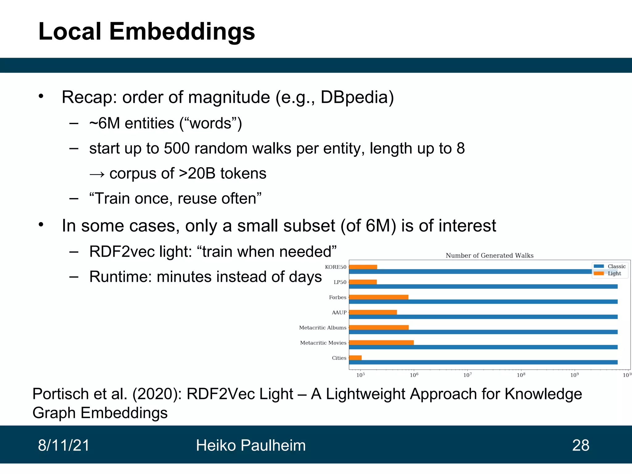 8/11/21 Heiko Paulheim 28 Local Embeddings • Recap: order of magnitude (e.g., DBpedia) – ~6M entities (“words”) – start up to 500 random walks per entity, length up to 8 → corpus of >20B tokens – “Train once, reuse often” • In some cases, only a small subset (of 6M) is of interest – RDF2vec light: “train when needed” – Runtime: minutes instead of days Portisch et al. (2020): RDF2Vec Light – A Lightweight Approach for Knowledge Graph Embeddings 