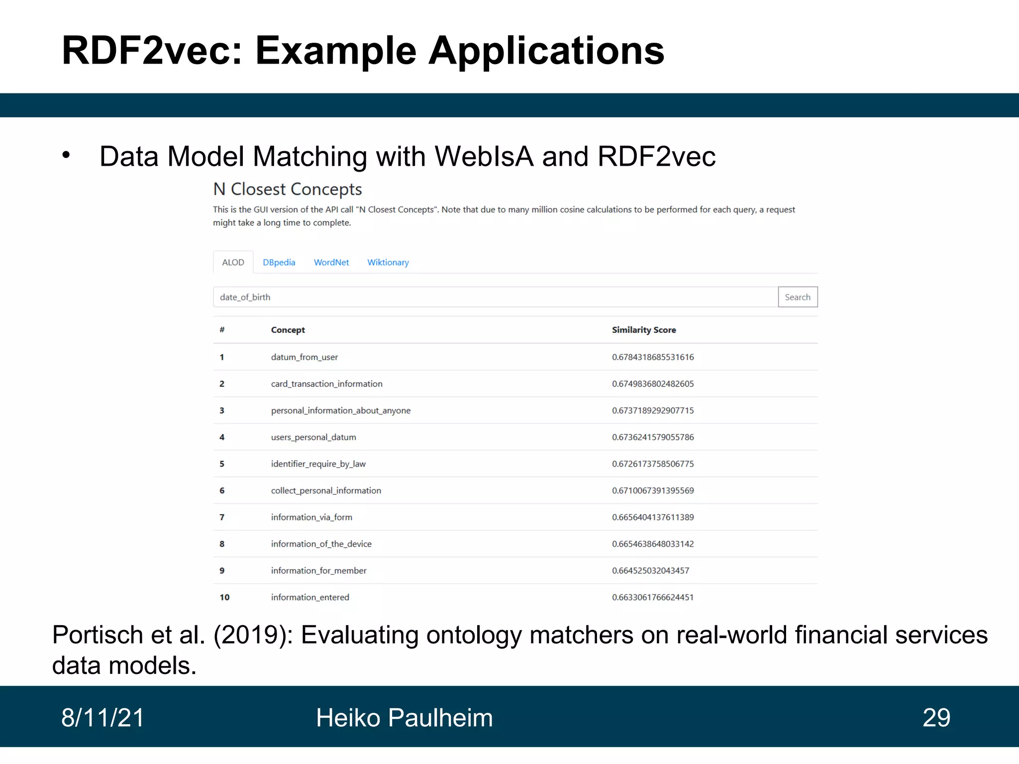 8/11/21 Heiko Paulheim 29 RDF2vec: Example Applications • Data Model Matching with WebIsA and RDF2vec Portisch et al. (2019): Evaluating ontology matchers on real-world financial services data models. 