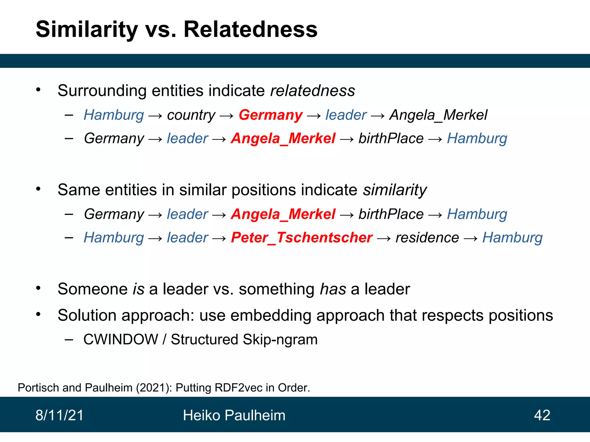 8/11/21 Heiko Paulheim 42 Similarity vs. Relatedness • Surrounding entities indicate relatedness – Hamburg → country → Germany → leader → Angela_Merkel – Germany → leader → Angela_Merkel → birthPlace → Hamburg • Same entities in similar positions indicate similarity – Germany → leader → Angela_Merkel → birthPlace → Hamburg – Hamburg → leader → Peter_Tschentscher → residence → Hamburg • Someone is a leader vs. something has a leader • Solution approach: use embedding approach that respects positions – CWINDOW / Structured Skip-ngram Portisch and Paulheim (2021): Putting RDF2vec in Order. 