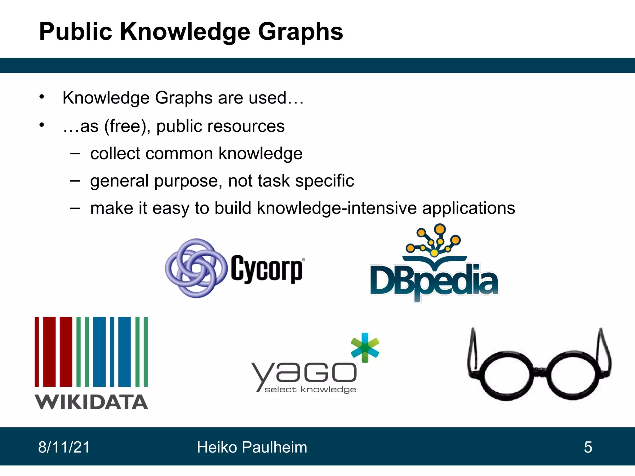 8/11/21 Heiko Paulheim 5 Public Knowledge Graphs • Knowledge Graphs are used… • …as (free), public resources – collect common knowledge – general purpose, not task specific – make it easy to build knowledge-intensive applications 