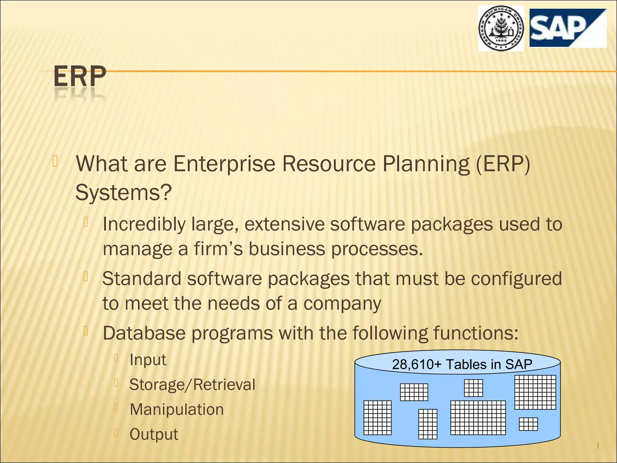 

What are Enterprise Resource Planning (ERP)
Systems?






Incredibly large, extensive software packages used to
manage a firm’s business processes.
Standard software packages that must be configured
to meet the needs of a company
Database programs with the following functions:





Input
Storage/Retrieval
Manipulation
Output

28,610+ Tables in SAP

1

 