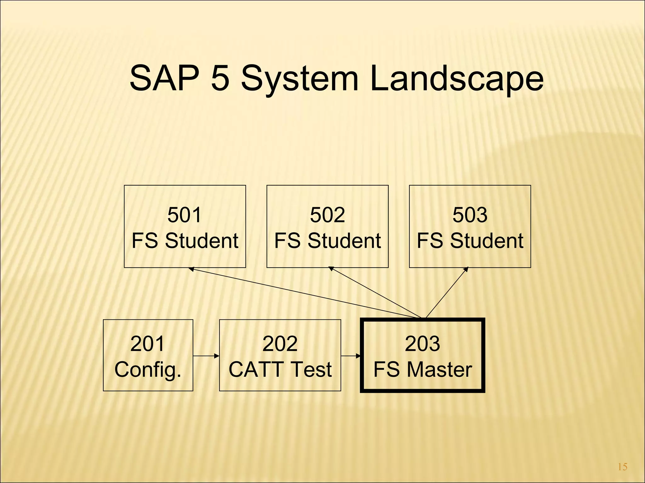 SAP 5 System Landscape

501
FS Student

201
Config.

502
FS Student

202
CATT Test

503
FS Student

203
FS Master

15

 