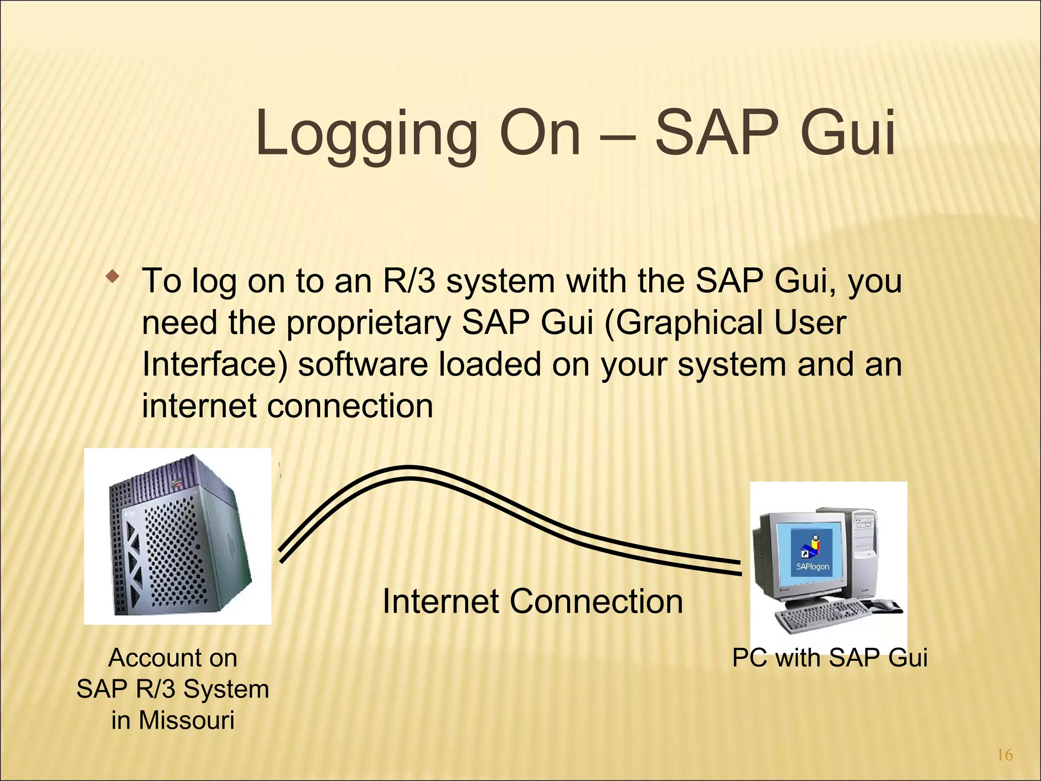Logging On – SAP Gui
 To log on to an R/3 system with the SAP Gui, you
need the proprietary SAP Gui (Graphical User
Interface) software loaded on your system and an
internet connection

Internet Connection
Account on
SAP R/3 System
in Missouri

PC with SAP Gui

16

 