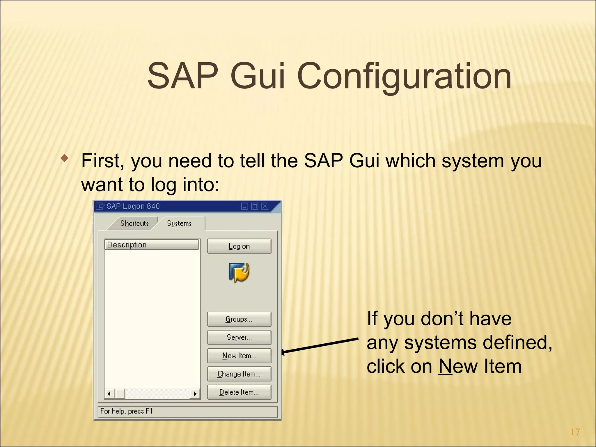 SAP Gui Configuration
 First, you need to tell the SAP Gui which system you
want to log into:

If you don’t have
any systems defined,
click on New Item
17

 