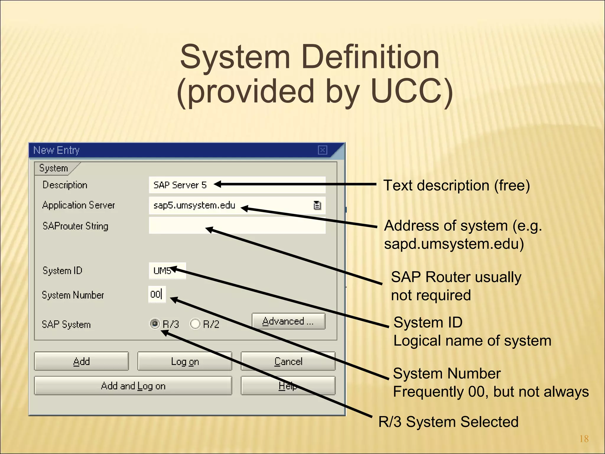 System Definition
(provided by UCC)
Text description (free)
Address of system (e.g.
sapd.umsystem.edu)
SAP Router usually
not required
System ID
Logical name of system
System Number
Frequently 00, but not always
R/3 System Selected
18

 
