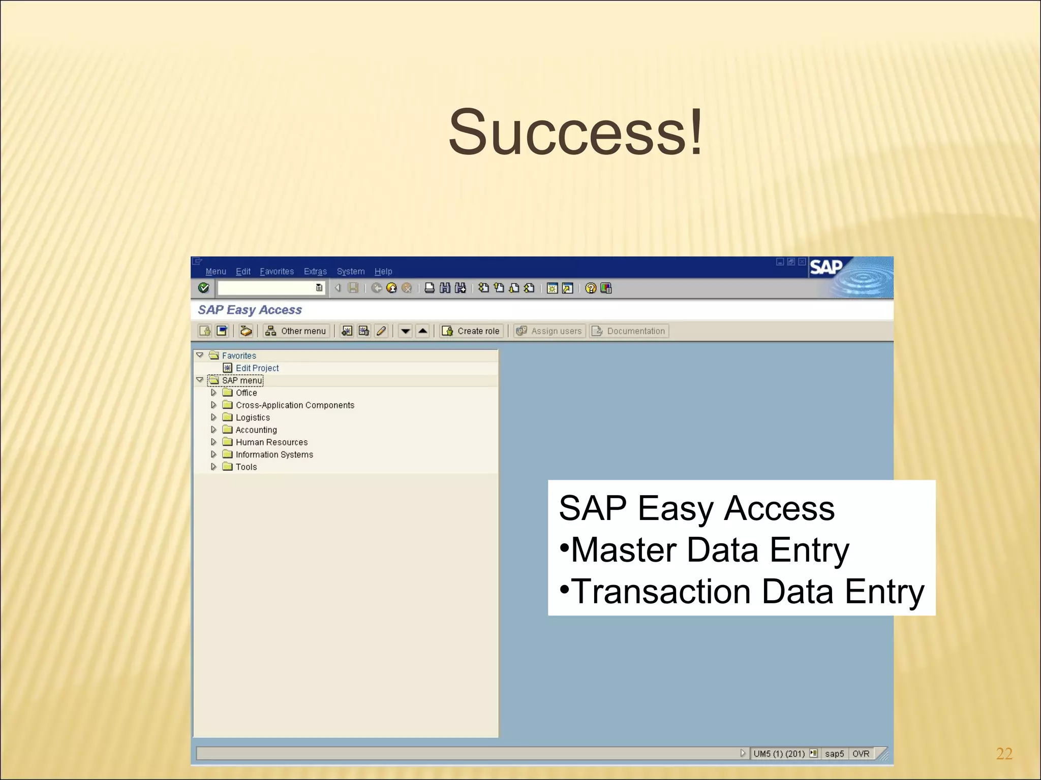 Success!

SAP Easy Access
•Master Data Entry
•Transaction Data Entry

22

 