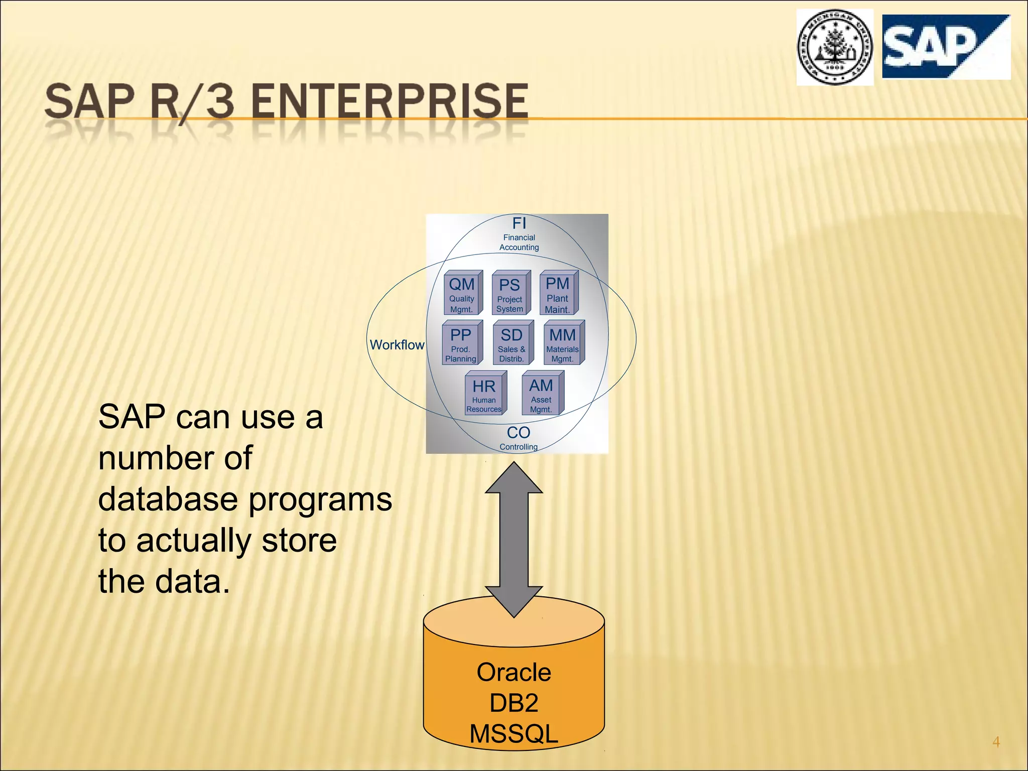 FI
Financial
Accounting

QM

Workflow

Project
System

Plant
Maint.

PP

SD

MM

Prod.
Planning

Sales &
Distrib.

Materials
Mgmt.

AM

HR

SAP can use a
number of
database programs
to actually store
the data.

PM

PS

Quality
Mgmt.

Human
Resources

Asset
Mgmt.

CO
Controlling

Oracle
DB2
MSSQL

4

 