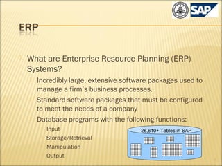 

What are Enterprise Resource Planning (ERP)
Systems?






Incredibly large, extensive software packages used to
manage a firm’s business processes.
Standard software packages that must be configured
to meet the needs of a company
Database programs with the following functions:





Input
Storage/Retrieval
Manipulation
Output

28,610+ Tables in SAP

1

 