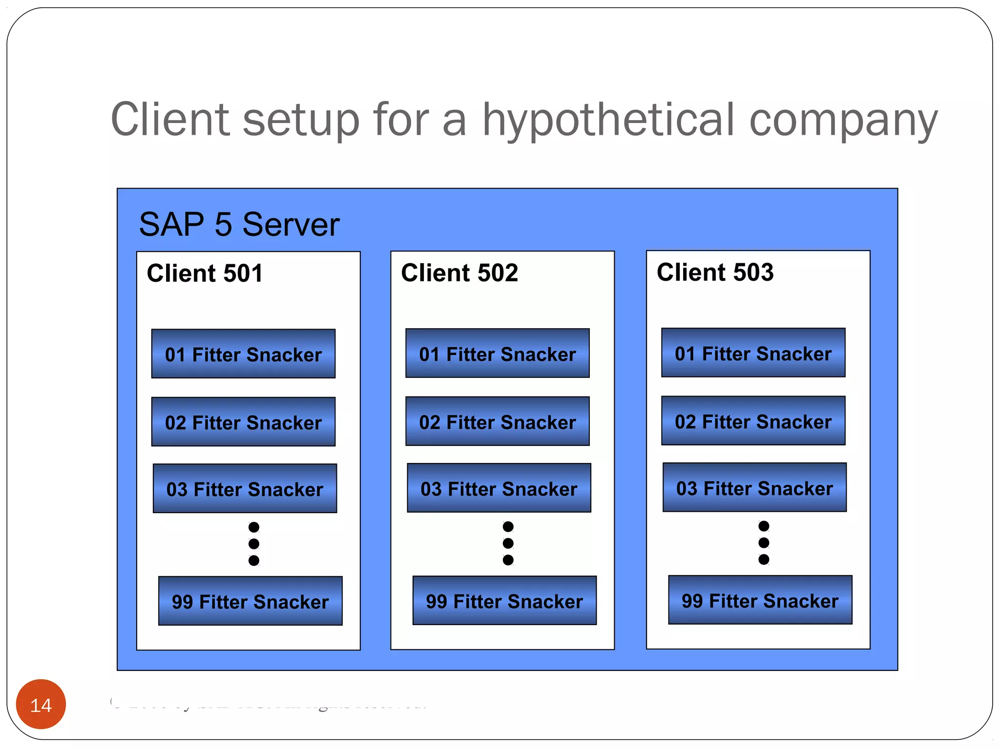 © 2008 by SAP AG. All rights reserved.14
SAP 5 Server
Client 501
01 Fitter Snacker
02 Fitter Snacker
03 Fitter Snacker
99 Fitter Snacker
Client 502
01 Fitter Snacker
02 Fitter Snacker
03 Fitter Snacker
99 Fitter Snacker
Client 503
01 Fitter Snacker
02 Fitter Snacker
03 Fitter Snacker
99 Fitter Snacker
Client setup for a hypothetical company
 