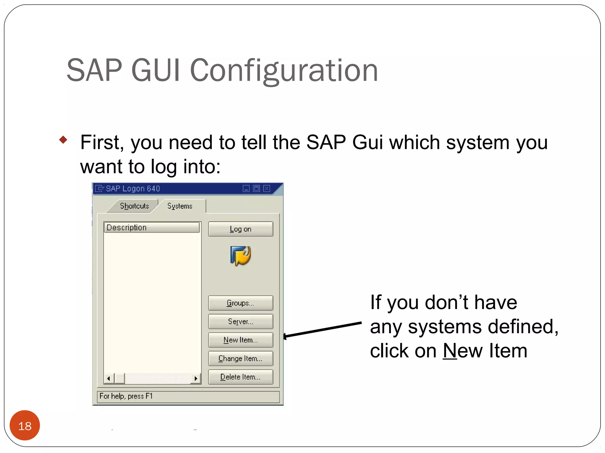 © 2008 by SAP AG. All rights reserved.18
 First, you need to tell the SAP Gui which system you
want to log into:
If you don’t have
any systems defined,
click on New Item
SAP GUI Configuration
 