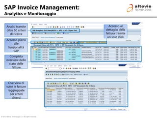 © 2013 Altevie Technologies s.r.l. All rights reserved.
SAP Invoice Management:
Analytics e Monitoraggio
Analisi tramite
oltre 50 criteri
di ricerca
Accesso pieno
alle
funzionalità
SAP
Completa
overview dello
stato delle
fatture
Accesso al
dettaglio della
fattura tramite
un solo click
Overview di
tutte le fatture
raggruppate
per criteri
diversi
 