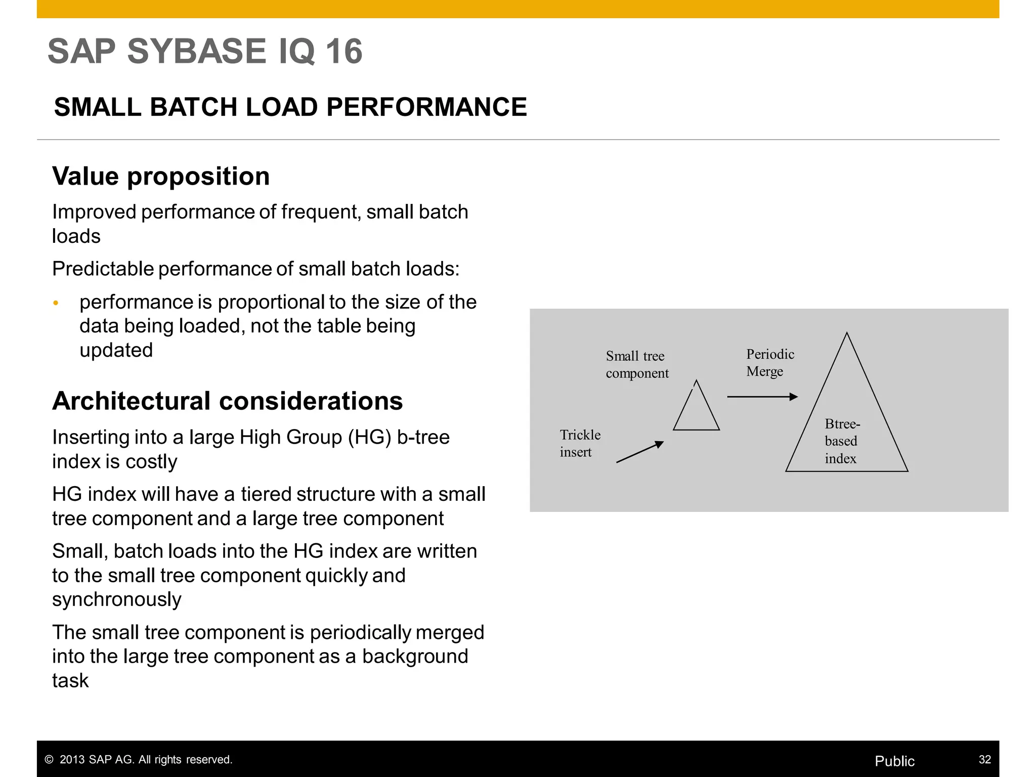 © 2013 SAP AG. All rights reserved. 32Public
SAP SYBASE IQ 16
SMALL BATCH LOAD PERFORMANCE
Value proposition
Improved performance of frequent, small batch
loads
Predictable performance of small batch loads:
 performance is proportional to the size of the
data being loaded, not the table being
updated
Architectural considerations
Inserting into a large High Group (HG) b-tree
index is costly
HG index will have a tiered structure with a small
tree component and a large tree component
Small, batch loads into the HG index are written
to the small tree component quickly and
synchronously
The small tree component is periodically merged
into the large tree component as a background
task
Small tree
component
Btree-
based
index
Trickle
insert
Periodic
Merge
 