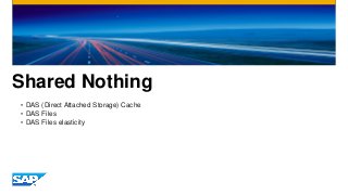 Shared Nothing
• DAS (Direct Attached Storage) Cache
• DAS Files
• DAS Files elasticity
 