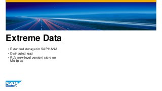 Extreme Data
• Extended storage for SAP HANA
• Distributed load
• RLV (row level version) store on
Multiplex
 