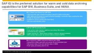 © 2014 SAP AG or an SAP affiliate company. All rights reserved. 26
SAP IQ is the preferred solution for warm and cold data archiving
capabilities for SAP BW, Business Suite, and HANA
NLS (Near Line Store) for SAP BW
• Optimized NLS data transfer throughput using IQ Loader functionality
• SAP HANA and IQ share the same columnar paradigm, and similar data compression rates
• Ready for large data volumes
• Suitable for ad-hoc queries with long history
• Minimum administration effort
ILM for SAP Business Suite
• Fast archive index read w/o additional secondary DB indexes
• Increased search capabilities
• Faster archive I/O – fewer layers (software, network, storage hardware)
• ERP archive files as well as archive indexes stored in SAP IQ
Warm archive for HANA using smart data access (SDA)
• Using SDA, HANA customers can access IQ as a federated store
• Store warm data in IQ, and real time data in HANA
• Push query processing down to IQ
 