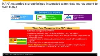 © 2014 SAP AG or an SAP affiliate company. All rights reserved. 27
HANA extended storage brings integrated warm data management to
SAP HANA
NLS Store for
SAP BW
ILM for SAP
Business Suite
Warm archive for
HANA, federated
via SDA
Extended storage for SAP HANA
• Handle all data seamlessly via HANA tables with Calc View support
• Transformative ROI – enable new insights from data processing at speed and scale
not possible before
• Steady performance across data volumes, variety, velocity with scalable/elastic
capacity
• Practical for both on-premise and hosted models
• Native Big Data solution allows customers to gain real-time insights by cost-
effectively managing and analyzing ALL enterprise data
Cold/warm data archival
Warm Data Management for SAP HANA
 