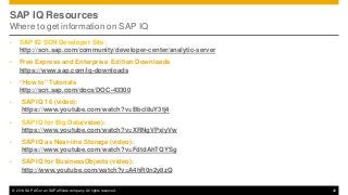 © 2014 SAP AG or an SAP affiliate company. All rights reserved. 40
SAP IQ Resources
Where to get information on SAP IQ
• SAP IQ SCN Developer Site:
http://scn.sap.com/community/developer-center/analytic-server
• Free Express and Enterprise Edition Downloads
https://www.sap.com/iq-downloads
• “How to” Tutorials
http://scn.sap.com/docs/DOC-43300
• SAP IQ 16 (video):
https://www.youtube.com/watch?v=Bbcl8uY3tj4
• SAP IQ for Big Data(video):
https://www.youtube.com/watch?v=XRNgVPxiyVw
• SAP IQ as Near-line Storage (video):
https://www.youtube.com/watch?v=FdtdAhTQYSg
• SAP IQ for BusinessObjects (video):
http://www.youtube.com/watch?v=A4hR0n2y8zQ
 