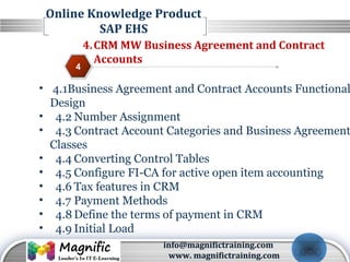 LOGO
Online Knowledge Product
SAP EHS
4
4.CRM MW Business Agreement and Contract
Accounts
3
2
4
• 4.1Business Agreement and Contract Accounts Functional
Design
• 4.2 Number Assignment
• 4.3 Contract Account Categories and Business Agreement
Classes
• 4.4 Converting Control Tables
• 4.5 Configure FI-CA for active open item accounting
• 4.6 Tax features in CRM
• 4.7 Payment Methods
• 4.8 Define the terms of payment in CRM
• 4.9 Initial Load
info@magnifictraining.com
www. magnifictraining.com
 