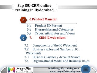 LOGO
Sap ISU-CRM online
training in Hyderabad
6.Product Manster5
7. CRM IC web client6
4
6.1 Product ID Format
6.2 Hierarchies and Categories
6.3 Types, Attributes and Views
7.1 Components of the IC Webclient
7.2 Business Roles and Number of IC
Webclients
7.3 Business Partner / Account Search
7.4 Organizational Model and Business Roles
info@magnifictraining.com
www. magnifictraining.com
 