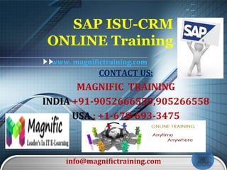 LOGO
SAP ISU-CRM
ONLINE Training
www. magnifictraining.com
CONTACT US:
MAGNIFIC TRAINING
INDIA +91-9052666559,905266558
USA : +1-678-693-3475
info@magnifictraining.com
 