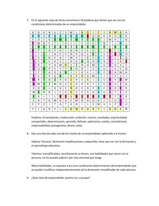 7- En la siguiente sopa de letras encontraras 18 palabras que tienen que ver con las
   condiciones determinadas de un emprendedor.

    A    B   X    N    U   Z    S   W    L    N    O   I C       I   B    M A      A
    N    O   I    C    A   R    E   D    O    M    A   Q M       K   N    H D      V
    E    D   C    G    O   M    S   I    M    I    T   P O       J   M    P I      O
    P    M   N    F    T   I    X   J    I    P    O   G R       Ñ   T    I N      L
    R    N   O    I    C   A    P   I    C    N    A   M E       E   I    H E      R
    O    P   I    A    Y   H    J   Q    N    K    E   G S       J   N    C R      S
    T    I   C    I    A   C    Y   O    P    Q    C   P P       S   C    D O      H
    A    S   A    N    E   A    I   M    Y    E    I   V O       E   O    C I      Q
    G    F   N    C    K   S    J   D    K    R    Q   O N       X   N    I A      Z
    O    R   I    Y    A   W    O   Z    I    N    A   M S       E   D    K S      E
    N    U   M    P    Y   Y    Y   T    H    D    I   S A       U   I    E C      Q
     I   T   R    A    D   R    U   J    I    R    E   I B       F   C    A W      A
     S   E   E    P    G   A    I   S    R    X    A   M I       J   I    E S      J
    M    R   T    O    L   A    G   U    H    E    E   I L       U   O    K O      W
    O W      E    I    W    B   Z    E   R    V    K    T   I    C    N   U    I       G
    R O      D    L    X    D   E    Ñ   D    Z    R    P   D    F    A   O    C       R
    W A      N    B    J    F   V    O   S    F    S    O   A    U    L   T    I       Z
    D    X    L   I    L   R    E    S   U    L    T    A   D    O    S   T    V       R
     Z   A    T   G    M   H    A    E   M    B    A    O   N    I    U   U    O       J
    E    P    Z   J    T   A    T    X   N    I    L    E   M    V    S   P    N       U
    Y    I   G    R    E    L   C    O   M    P    A    R   T    I    D   O    S       Ñ

   Palabras: Emancipación, moderación, ambición, novicio, resultados, espiritualidad,
   compartidos, determinación, aprendiz, disfrute, optimismo, sueños, incondicional,
   responsabilidad, protagonista, dinero, éxito.

8- Haz una lista de cada uno de los niveles de un emprendedor aplicando a ti mismo.

   Hábitos Técnicos: fácilmente modificaciones y adquirible, tiene que ver con la formación y
   el aprendizaje educativo.

   Talentos: Inmodificables, sencillamente se tienen, son habilidades que nacen con la
   persona, no los puedes adquirir por más voluntad que tenga.

   Meta habilidades: se requiere a las once condiciones determinantes del emprendedor que
   se puedan modificar independientemente de la dimensión inmodificable de cada persona.

9- ¿Qué clase de emprendedor quieres ser y porque?
 