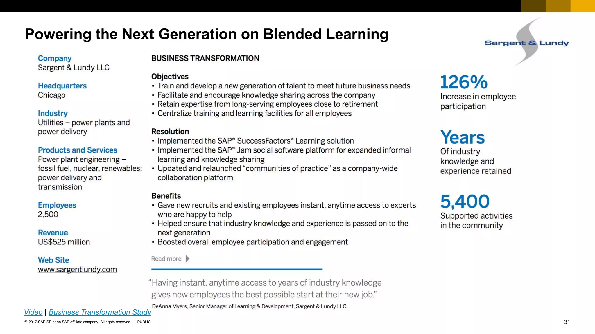 31PUBLIC© 2017 SAP SE or an SAP affiliate company. All rights reserved. ǀ
Powering the Next Generation on Blended Learning
Video | Business Transformation Study
 