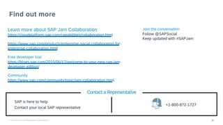 20© 2 0 1 8 S A P S E o r a n S A P a ffilia te c o m p a n y . A ll rig h ts re s e rv e d .
Find out more
Learn more about SAP Jam Collaboration
https://cloudplatform.sap.com/capabilities/collaboration.html
https://www.sap.com/products/enterprise-social-collaboration.for-
enterprise-collaboration.html
Free developer trial
https://blogs.sap.com/2015/06/17/welcome-to-your-new-sap-jam-
developer-edition/
Community
https://www.sap.com/community/topic/jam-collaboration.html
Join the conversation
Follow @SAPSocial
Keep updated with #SAPJam
Contact a Representative
SAP is here to help
Contact your local SAP representative
+1-800-872-1727
 