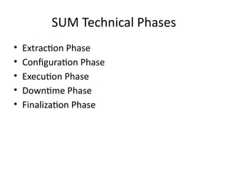 SUM Technical Phases
• Extraction Phase
• Configuration Phase
• Execution Phase
• Downtime Phase
• Finalization Phase
 