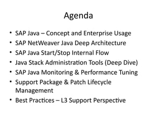 Agenda
• SAP Java – Concept and Enterprise Usage
• SAP NetWeaver Java Deep Architecture
• SAP Java Start/Stop Internal Flow
• Java Stack Administration Tools (Deep Dive)
• SAP Java Monitoring & Performance Tuning
• Support Package & Patch Lifecycle
Management
• Best Practices – L3 Support Perspective
 