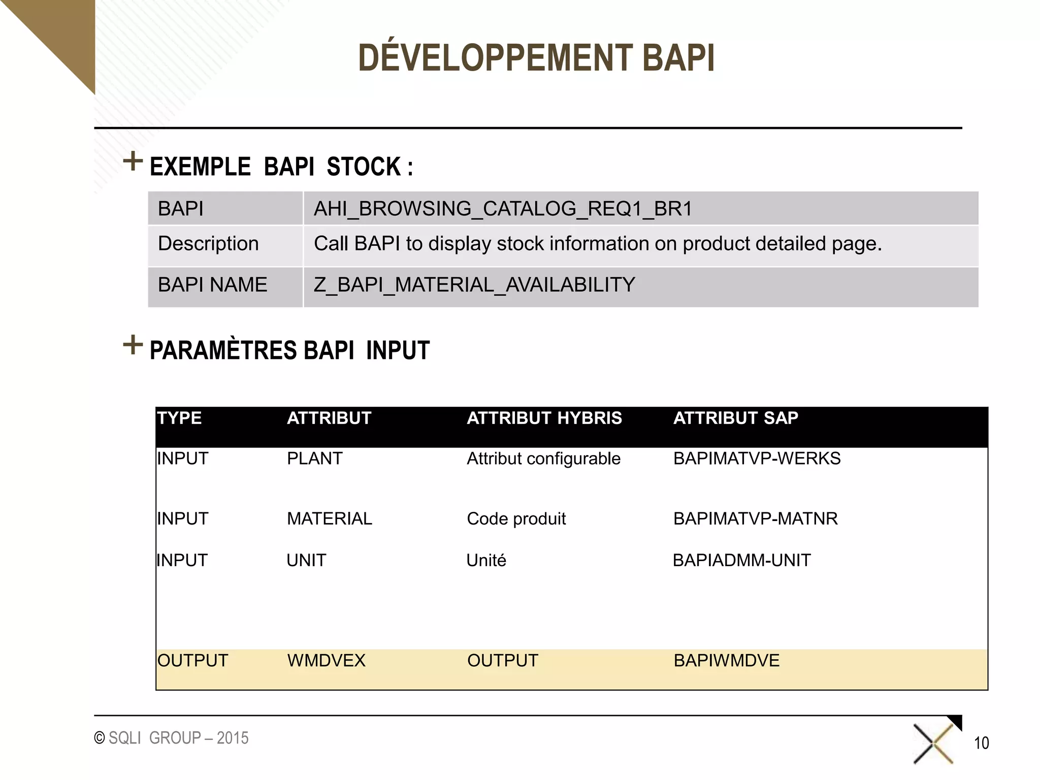 © SQLI GROUP – 2015
+EXEMPLE BAPI STOCK :
+PARAMÈTRES BAPI INPUT
10
DÉVELOPPEMENT BAPI
BAPI AHI_BROWSING_CATALOG_REQ1_BR1
Description Call BAPI to display stock information on product detailed page.
BAPI NAME Z_BAPI_MATERIAL_AVAILABILITY
TYPE ATTRIBUT ATTRIBUT HYBRIS ATTRIBUT SAP
INPUT PLANT Attribut configurable BAPIMATVP-WERKS
INPUT MATERIAL Code produit BAPIMATVP-MATNR
INPUT UNIT Unité BAPIADMM-UNIT
OUTPUT WMDVEX OUTPUT BAPIWMDVE
 