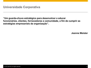 Universidade Corporativa


“Um guarda-chuva estratégico para desenvolver e educar
funcionários, clientes, fornecedores e comunidade, a fim de cumprir as
estratégias empresariais da organização”.



                                                             Jeanne Meister




© 2012 SAP AG. All rights reserved.                                      6
 