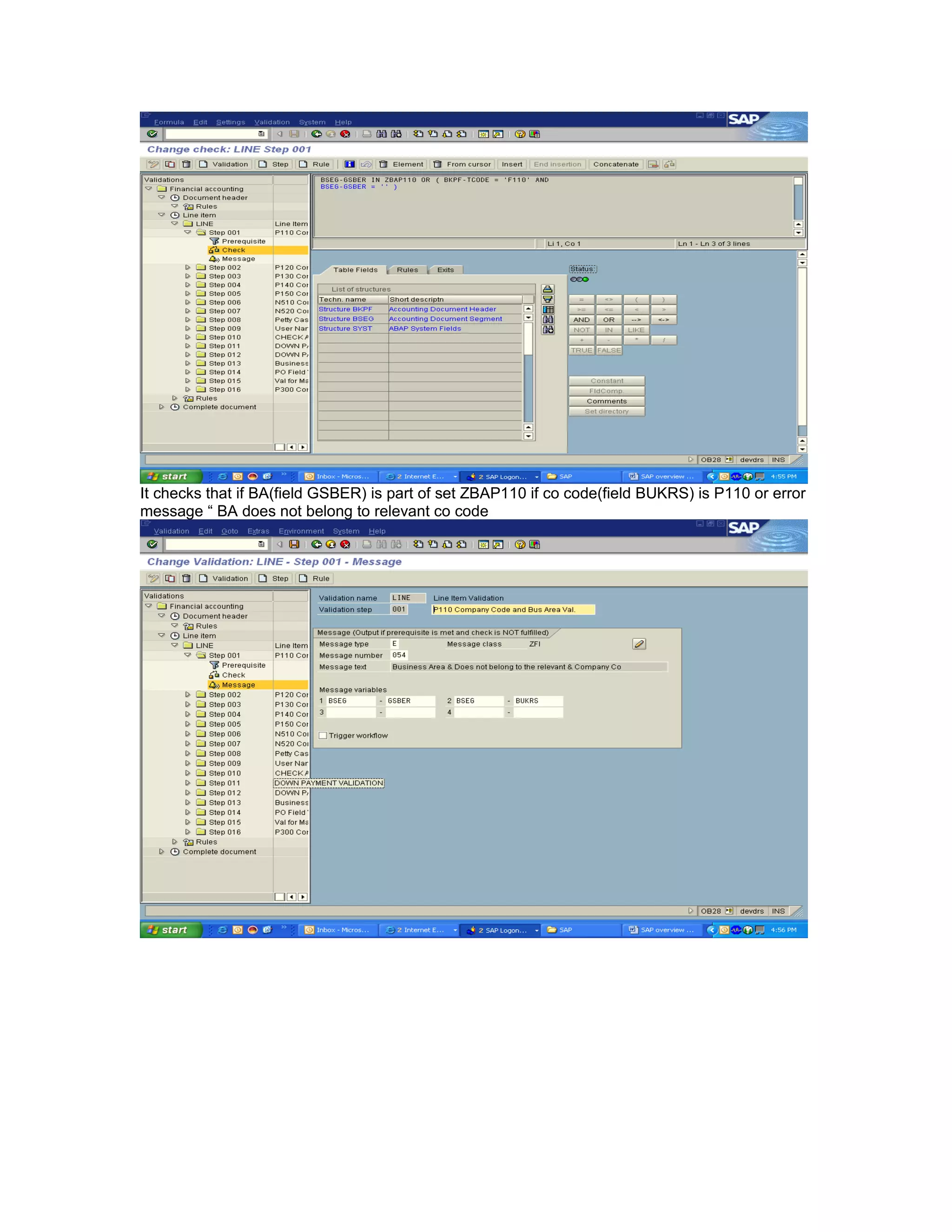 It checks that if BA(field GSBER) is part of set ZBAP110 if co code(field BUKRS) is P110 or error
message “ BA does not belong to relevant co code
 