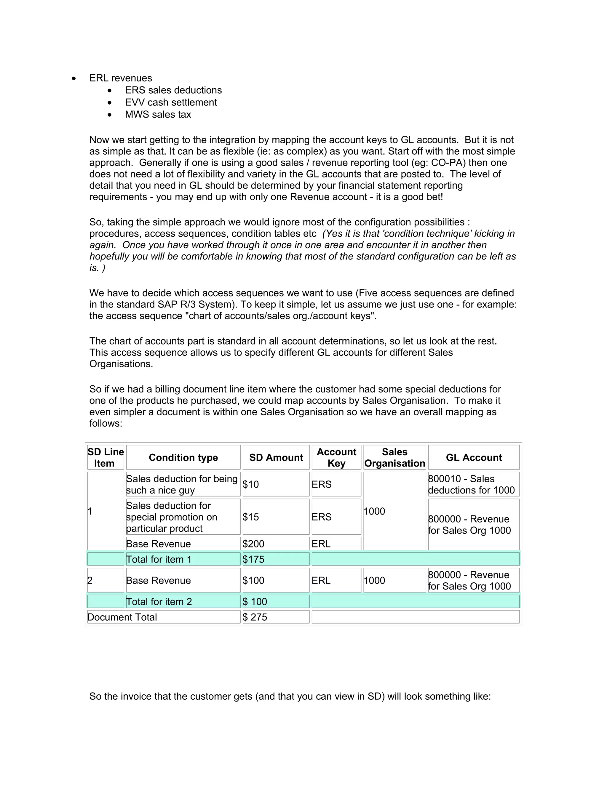 •   ERL revenues
       • ERS sales deductions
       • EVV cash settlement
       • MWS sales tax

    Now we start getting to the integration by mapping the account keys to GL accounts. But it is not
    as simple as that. It can be as flexible (ie: as complex) as you want. Start off with the most simple
    approach. Generally if one is using a good sales / revenue reporting tool (eg: CO-PA) then one
    does not need a lot of flexibility and variety in the GL accounts that are posted to. The level of
    detail that you need in GL should be determined by your financial statement reporting
    requirements - you may end up with only one Revenue account - it is a good bet!

    So, taking the simple approach we would ignore most of the configuration possibilities :
    procedures, access sequences, condition tables etc (Yes it is that 'condition technique' kicking in
    again. Once you have worked through it once in one area and encounter it in another then
    hopefully you will be comfortable in knowing that most of the standard configuration can be left as
    is. )

    We have to decide which access sequences we want to use (Five access sequences are defined
    in the standard SAP R/3 System). To keep it simple, let us assume we just use one - for example:
    the access sequence "chart of accounts/sales org./account keys".

    The chart of accounts part is standard in all account determinations, so let us look at the rest.
    This access sequence allows us to specify different GL accounts for different Sales
    Organisations.

    So if we had a billing document line item where the customer had some special deductions for
    one of the products he purchased, we could map accounts by Sales Organisation. To make it
    even simpler a document is within one Sales Organisation so we have an overall mapping as
    follows:

    SD Line                                               Account    Sales
                   Condition type         SD Amount                                     GL Account
     Item                                                   Key   Organisation
              Sales deduction for being                                             800010 - Sales
                                        $10             ERS
              such a nice guy                                                       deductions for 1000
              Sales deduction for
    1                                                                1000
              special promotion on      $15             ERS                         800000 - Revenue
              particular product                                                    for Sales Org 1000
              Base Revenue              $200            ERL
              Total for item 1          $175
                                                                                    800000 - Revenue
    2         Base Revenue              $100            ERL          1000
                                                                                    for Sales Org 1000
              Total for item 2          $ 100
    Document Total                      $ 275




    So the invoice that the customer gets (and that you can view in SD) will look something like:
 