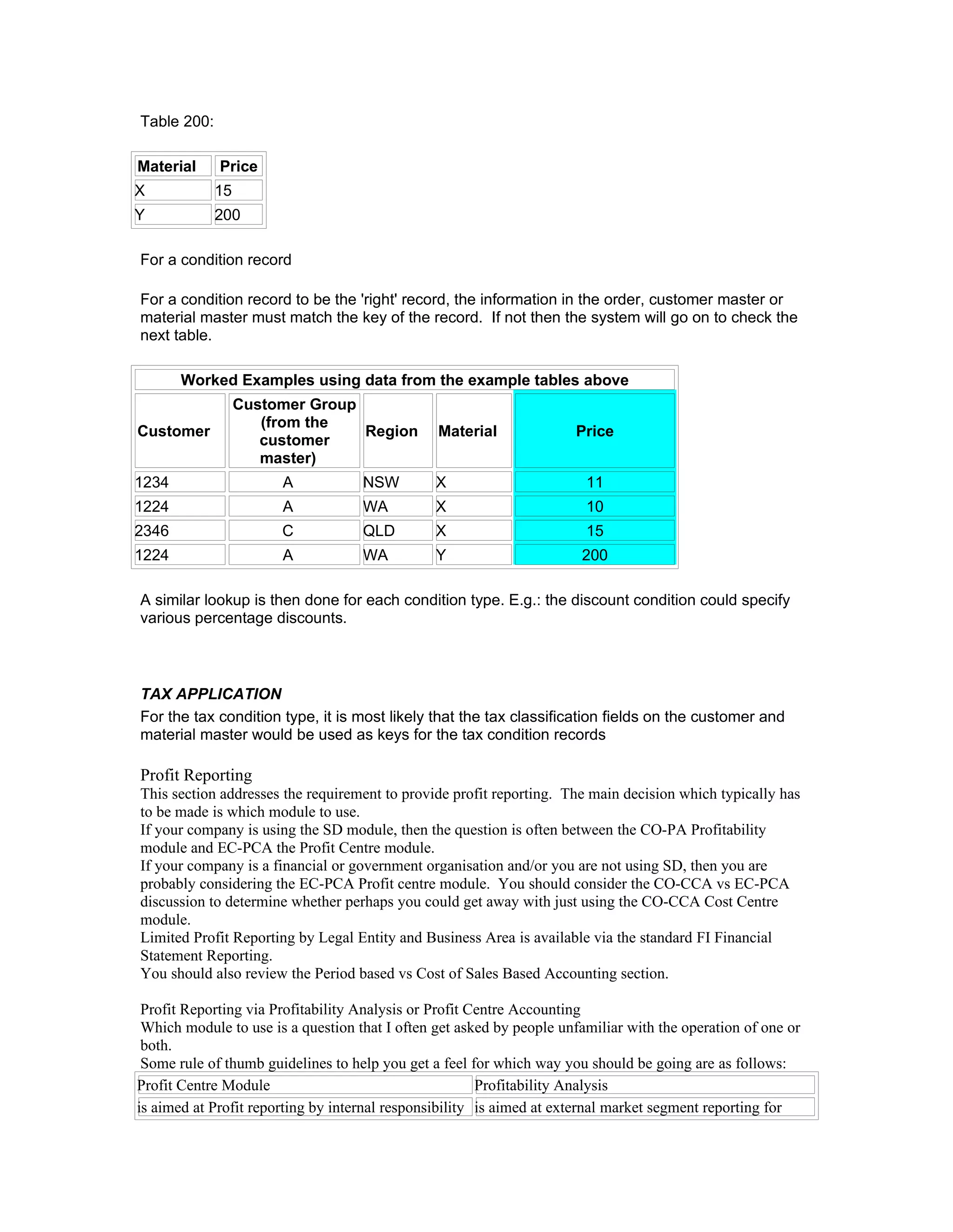 Table 200:

Material     Price
X            15
Y            200

For a condition record

For a condition record to be the 'right' record, the information in the order, customer master or
material master must match the key of the record. If not then the system will go on to check the
next table.

       Worked Examples using data from the example tables above
                  Customer Group
                     (from the
Customer                         Region         Material              Price
                     customer
                     master)
1234                   A            NSW         X                       11
1224                   A            WA          X                       10
2346                   C            QLD         X                       15
1224                   A            WA          Y                      200

A similar lookup is then done for each condition type. E.g.: the discount condition could specify
various percentage discounts.



TAX APPLICATION
For the tax condition type, it is most likely that the tax classification fields on the customer and
material master would be used as keys for the tax condition records

Profit Reporting
This section addresses the requirement to provide profit reporting. The main decision which typically has
to be made is which module to use.
If your company is using the SD module, then the question is often between the CO-PA Profitability
module and EC-PCA the Profit Centre module.
If your company is a financial or government organisation and/or you are not using SD, then you are
probably considering the EC-PCA Profit centre module. You should consider the CO-CCA vs EC-PCA
discussion to determine whether perhaps you could get away with just using the CO-CCA Cost Centre
module.
Limited Profit Reporting by Legal Entity and Business Area is available via the standard FI Financial
Statement Reporting.
You should also review the Period based vs Cost of Sales Based Accounting section.

 Profit Reporting via Profitability Analysis or Profit Centre Accounting
 Which module to use is a question that I often get asked by people unfamiliar with the operation of one or
 both.
 Some rule of thumb guidelines to help you get a feel for which way you should be going are as follows:
Profit Centre Module                                    Profitability Analysis
is aimed at Profit reporting by internal responsibility is aimed at external market segment reporting for
 