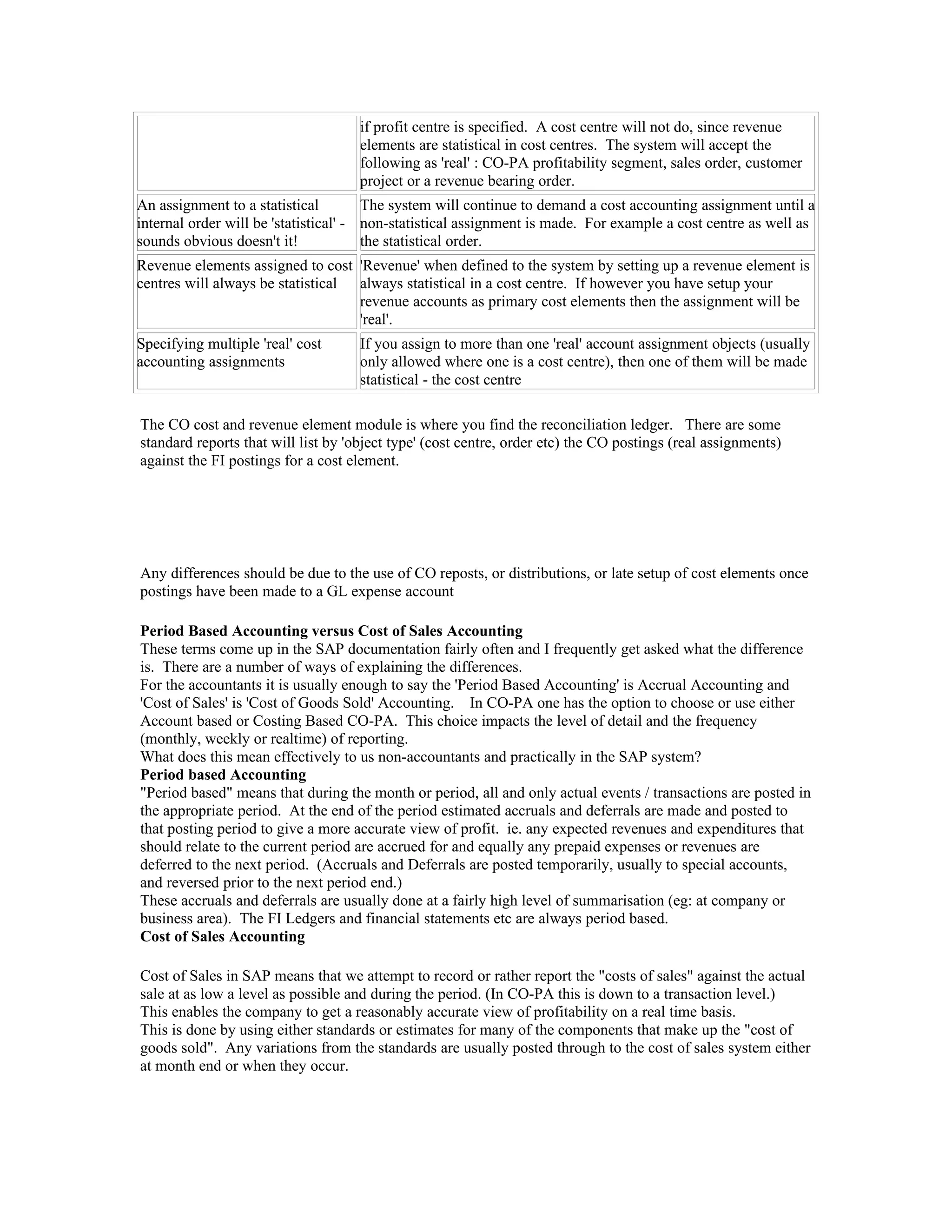 if profit centre is specified. A cost centre will not do, since revenue
                                     elements are statistical in cost centres. The system will accept the
                                     following as 'real' : CO-PA profitability segment, sales order, customer
                                     project or a revenue bearing order.
An assignment to a statistical         The system will continue to demand a cost accounting assignment until a
internal order will be 'statistical' - non-statistical assignment is made. For example a cost centre as well as
sounds obvious doesn't it!             the statistical order.
Revenue elements assigned to cost 'Revenue' when defined to the system by setting up a revenue element is
centres will always be statistical always statistical in a cost centre. If however you have setup your
                                   revenue accounts as primary cost elements then the assignment will be
                                   'real'.
Specifying multiple 'real' cost      If you assign to more than one 'real' account assignment objects (usually
accounting assignments               only allowed where one is a cost centre), then one of them will be made
                                     statistical - the cost centre

The CO cost and revenue element module is where you find the reconciliation ledger. There are some
standard reports that will list by 'object type' (cost centre, order etc) the CO postings (real assignments)
against the FI postings for a cost element.




Any differences should be due to the use of CO reposts, or distributions, or late setup of cost elements once
postings have been made to a GL expense account

Period Based Accounting versus Cost of Sales Accounting
These terms come up in the SAP documentation fairly often and I frequently get asked what the difference
is. There are a number of ways of explaining the differences.
For the accountants it is usually enough to say the 'Period Based Accounting' is Accrual Accounting and
'Cost of Sales' is 'Cost of Goods Sold' Accounting. In CO-PA one has the option to choose or use either
Account based or Costing Based CO-PA. This choice impacts the level of detail and the frequency
(monthly, weekly or realtime) of reporting.
What does this mean effectively to us non-accountants and practically in the SAP system?
Period based Accounting
"Period based" means that during the month or period, all and only actual events / transactions are posted in
the appropriate period. At the end of the period estimated accruals and deferrals are made and posted to
that posting period to give a more accurate view of profit. ie. any expected revenues and expenditures that
should relate to the current period are accrued for and equally any prepaid expenses or revenues are
deferred to the next period. (Accruals and Deferrals are posted temporarily, usually to special accounts,
and reversed prior to the next period end.)
These accruals and deferrals are usually done at a fairly high level of summarisation (eg: at company or
business area). The FI Ledgers and financial statements etc are always period based.
Cost of Sales Accounting

Cost of Sales in SAP means that we attempt to record or rather report the "costs of sales" against the actual
sale at as low a level as possible and during the period. (In CO-PA this is down to a transaction level.)
This enables the company to get a reasonably accurate view of profitability on a real time basis.
This is done by using either standards or estimates for many of the components that make up the "cost of
goods sold". Any variations from the standards are usually posted through to the cost of sales system either
at month end or when they occur.
 