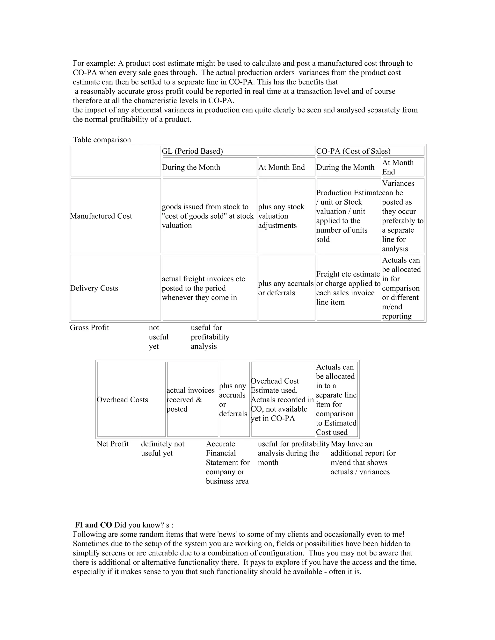 For example: A product cost estimate might be used to calculate and post a manufactured cost through to
CO-PA when every sale goes through. The actual production orders variances from the product cost
estimate can then be settled to a separate line in CO-PA. This has the benefits that
 a reasonably accurate gross profit could be reported in real time at a transaction level and of course
therefore at all the characteristic levels in CO-PA.
the impact of any abnormal variances in production can quite clearly be seen and analysed separately from
the normal profitability of a product.

Table comparison
                            GL (Period Based)                               CO-PA (Cost of Sales)
                                                                                                 At Month
                            During the Month              At Month End During the Month
                                                                                                 End
                                                                                                 Variances
                                                                            Production Estimatecan be
                                                                            / unit or Stock      posted as
                            goods issued from stock to plus any stock
                                                                            valuation / unit     they occur
Manufactured Cost           "cost of goods sold" at stock valuation
                                                                            applied to the       preferably to
                            valuation                     adjustments
                                                                            number of units      a separate
                                                                            sold                 line for
                                                                                                 analysis
                                                                                                 Actuals can
                                                                                                 be allocated
                                                                            Freight etc estimate
                            actual freight invoices etc                                          in for
                                                          plus any accruals or charge applied to
Delivery Costs              posted to the period                                                 comparison
                                                          or deferrals      each sales invoice
                            whenever they come in                                                or different
                                                                            line item
                                                                                                 m/end
                                                                                                 reporting
Gross Profit            not           useful for
                        useful        profitability
                        yet           analysis

                                                                          Actuals can
                                                                          be allocated
                                                     Overhead Cost
                                           plus any                       in to a
                           actual invoices           Estimate used.
                                           accruals                       separate line
        Overhead Costs     received &                Actuals recorded in
                                           or                             item for
                           posted                    CO, not available
                                           deferrals                      comparison
                                                     yet in CO-PA
                                                                          to Estimated
                                                                          Cost used
        Net Profit definitely not      Accurate        useful for profitability May have an
                   useful yet          Financial       analysis during the additional report for
                                       Statement for month                      m/end that shows
                                       company or                               actuals / variances
                                       business area




 FI and CO Did you know? s :
Following are some random items that were 'news' to some of my clients and occasionally even to me!
Sometimes due to the setup of the system you are working on, fields or possibilities have been hidden to
simplify screens or are enterable due to a combination of configuration. Thus you may not be aware that
there is additional or alternative functionality there. It pays to explore if you have the access and the time,
especially if it makes sense to you that such functionality should be available - often it is.
 
