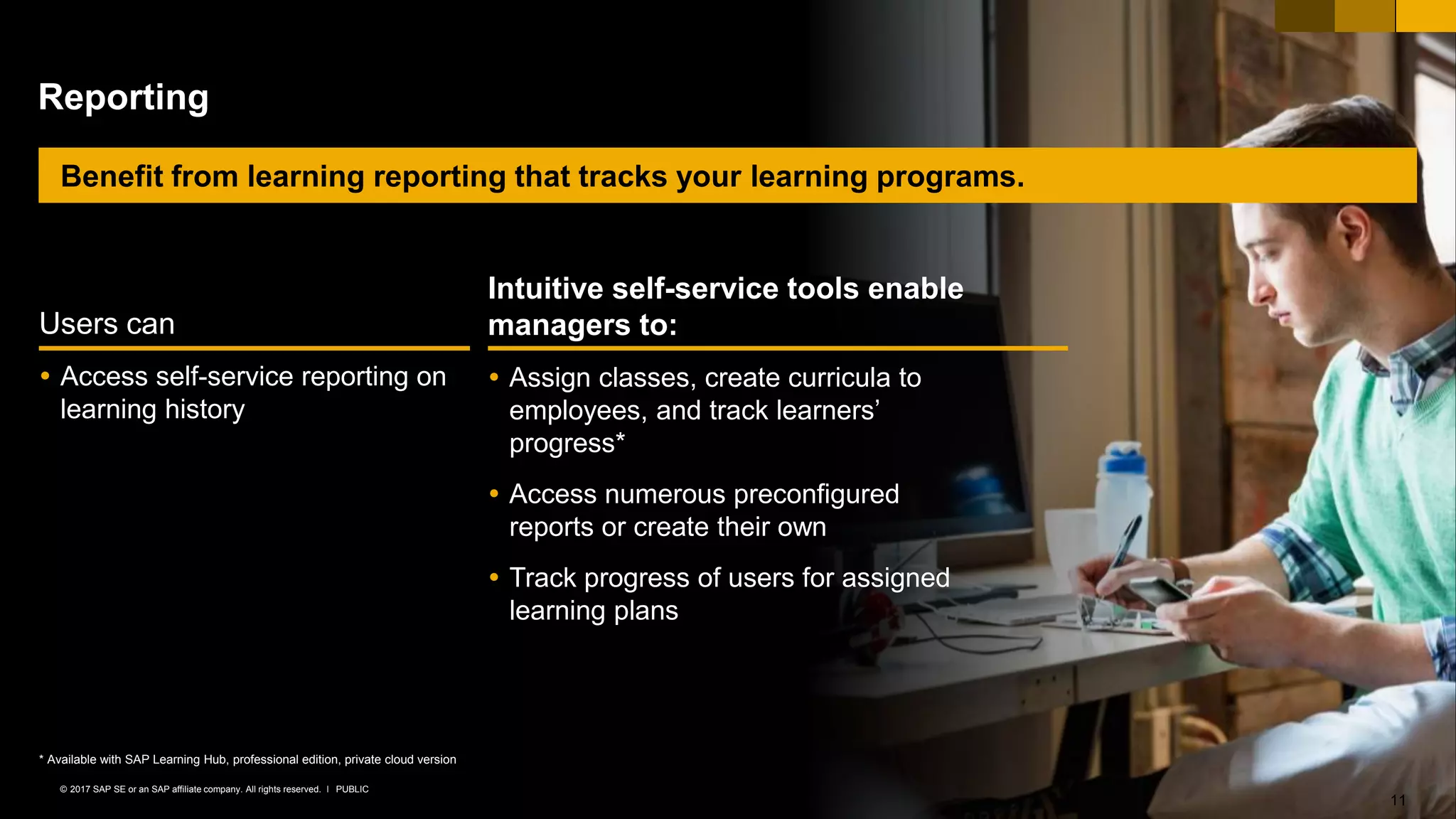 11PUBLIC© 2017 SAP SE or an SAP affiliate company. All rights reserved. ǀ
Reporting
© 2017 SAP SE or an SAP affiliate company. All rights reserved. 11
Benefit from learning reporting that tracks your learning programs.
Users can
 Access self-service reporting on
learning history
Intuitive self-service tools enable
managers to:
 Assign classes, create curricula to
employees, and track learners’
progress*
 Access numerous preconfigured
reports or create their own
 Track progress of users for assigned
learning plans
* Available with SAP Learning Hub, professional edition, private cloud version
 