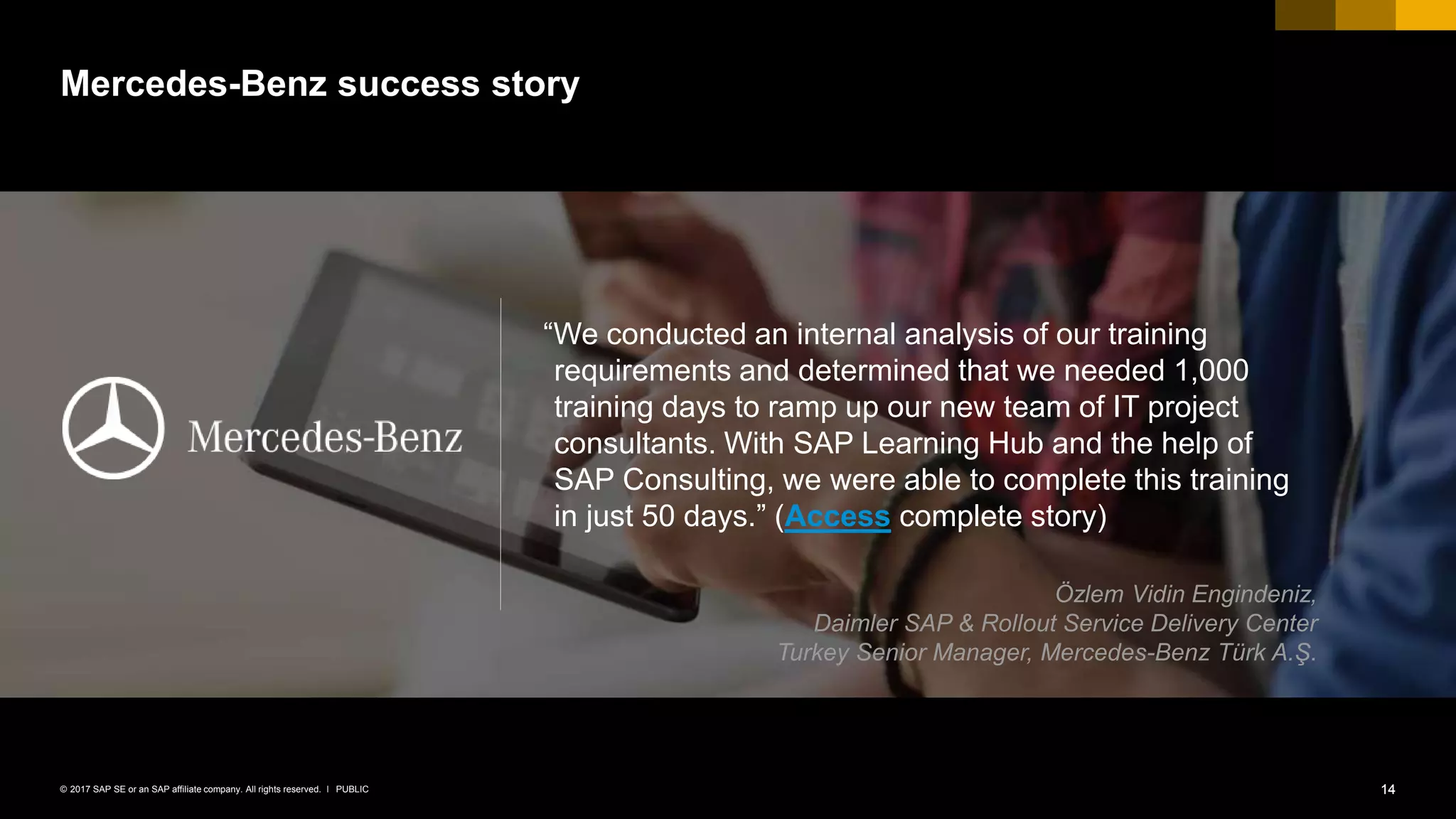 14PUBLIC© 2017 SAP SE or an SAP affiliate company. All rights reserved. ǀ
Mercedes-Benz success story
“We conducted an internal analysis of our training
requirements and determined that we needed 1,000
training days to ramp up our new team of IT project
consultants. With SAP Learning Hub and the help of
SAP Consulting, we were able to complete this training
in just 50 days.” (Access complete story)
Özlem Vidin Engindeniz,
Daimler SAP & Rollout Service Delivery Center
Turkey Senior Manager, Mercedes-Benz Türk A.Ş.
14
 