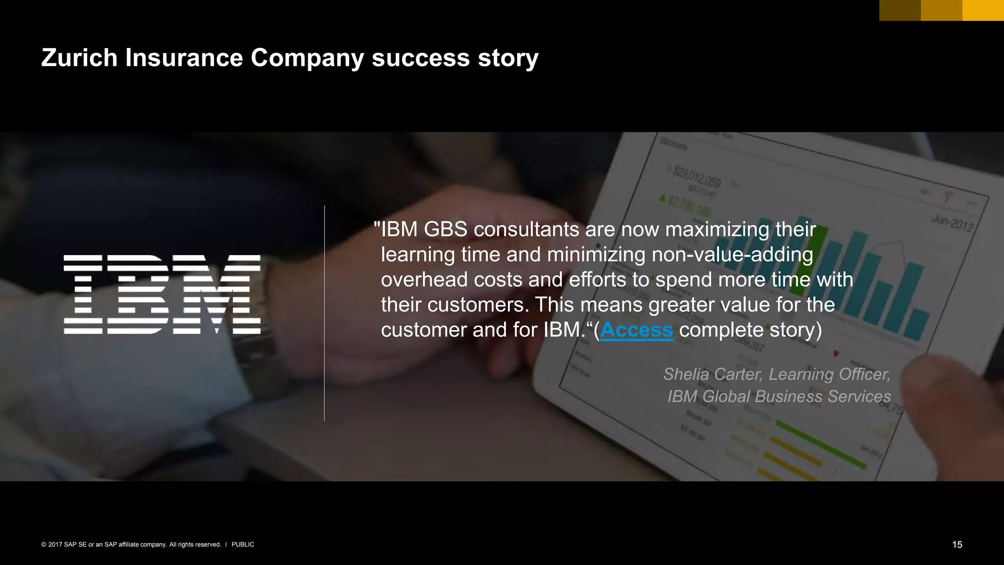 15PUBLIC© 2017 SAP SE or an SAP affiliate company. All rights reserved. ǀ
Zurich Insurance Company success story
"IBM GBS consultants are now maximizing their
learning time and minimizing non-value-adding
overhead costs and efforts to spend more time with
their customers. This means greater value for the
customer and for IBM.“(Access complete story)
Shelia Carter, Learning Officer,
IBM Global Business Services
15
 