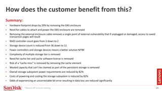 14
How does the customer benefit from this?
Summary:
 Hardware footprint drops by 20% by removing the DAS enclosure
 Need for cables to attach and power the DAS enclosure are removed
 Removing the external enclosure cable removes a single point of external vulnerability that if unplugged or damaged, access to saved
transaction pages will result
 RAID controller count goes from 3 down to 2
 Storage device count is reduced from 36 down to 11
 Fewer controllers and storage devices means a better solution MTBF
 Complexity of multiple storage tier is removed
 Need for cache tier and cache software license is removed
 Risk of a “cache miss” is removed by removing the cache element
 Wasted capacity that can’t be claimed as part of the persistent storage is removed
 Overall storage subsystem power requirements are reduced by 82%
 Costs of powering and cooling the storage subsystem is reduced by 82%
 Odds of experiencing an uncorrectable bit error resulting in data loss are reduced significantly
*Based off Lenovo testing
 