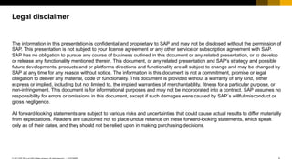2CUSTOMER© 2017 SAP SE or an SAP affiliate company. All rights reserved. ǀ
The information in this presentation is confidential and proprietary to SAP and may not be disclosed without the permission of
SAP. This presentation is not subject to your license agreement or any other service or subscription agreement with SAP.
SAP has no obligation to pursue any course of business outlined in this document or any related presentation, or to develop
or release any functionality mentioned therein. This document, or any related presentation and SAP's strategy and possible
future developments, products and or platforms directions and functionality are all subject to change and may be changed by
SAP at any time for any reason without notice. The information in this document is not a commitment, promise or legal
obligation to deliver any material, code or functionality. This document is provided without a warranty of any kind, either
express or implied, including but not limited to, the implied warranties of merchantability, fitness for a particular purpose, or
non-infringement. This document is for informational purposes and may not be incorporated into a contract. SAP assumes no
responsibility for errors or omissions in this document, except if such damages were caused by SAP´s willful misconduct or
gross negligence.
All forward-looking statements are subject to various risks and uncertainties that could cause actual results to differ materially
from expectations. Readers are cautioned not to place undue reliance on these forward-looking statements, which speak
only as of their dates, and they should not be relied upon in making purchasing decisions.
Legal disclaimer
 