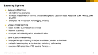 27CUSTOMER© 2017 SAP SE or an SAP affiliate company. All rights reserved. ǀ
Learning System
q Supervised learning
§ labeled training examples
§ methods: Hidden Markov Models, k-Nearest Neighbors, Decision Trees, AdaBoost, SVM, RNNs (LSTM,
BiLSTM)
§ examples: NE recognition, POS tagging, Parsing
q Unsupervised learning
§ labels must be automatically discovered
§ method: clustering
§ examples: NE disambiguation, text classification
q Semi-supervised learning
§ small percentage of training examples are labeled, the rest is unlabeled
§ methods: bootstrapping, active learning, co-training, self-training
§ examples: NE recognition, POS tagging, Parsing, …
 