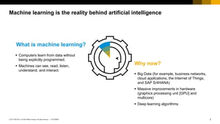 3CUSTOMER© 2017 SAP SE or an SAP affiliate company. All rights reserved. ǀ
Machine learning is the reality behind artificial intelligence
§ Big Data (for example, business networks,
cloud applications, the Internet of Things,
and SAP S/4HANA)
§ Massive improvements in hardware
(graphics processing unit [GPU] and
multicore)
§ Deep learning algorithms
§ Computers learn from data without
being explicitly programmed.
§ Machines can see, read, listen,
understand, and interact.
What is machine learning?
Why now?
 