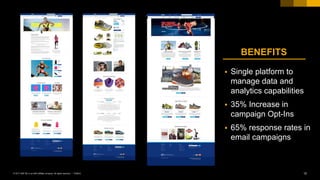 12PUBLIC© 2017 SAP SE or an SAP affiliate company. All rights reserved. ǀ
BENEFITS
§ Single platform to
manage data and
analytics capabilities
§ 35% Increase in
campaign Opt-Ins
§ 65% response rates in
email campaigns
 